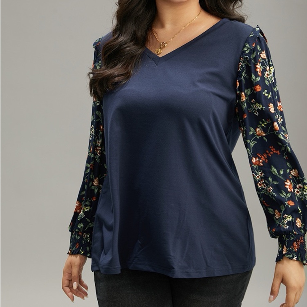 BloomChic Navy V Neck Floral Sleeve Top Plus Size 2X